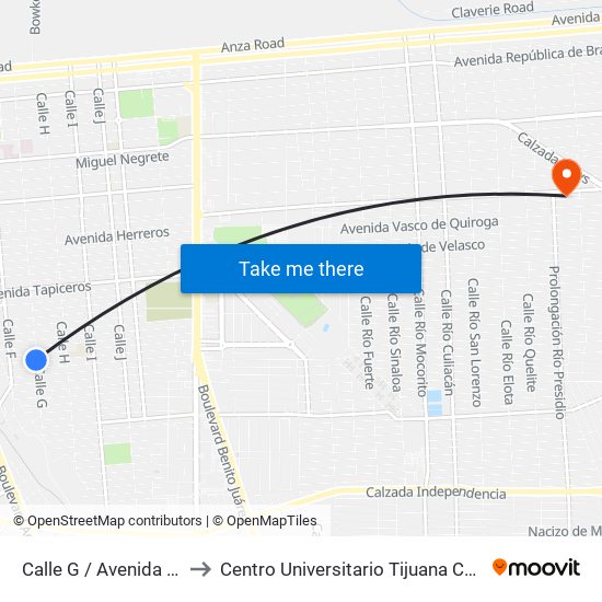 Calle G / Avenida Ebanistas to Centro Universitario Tijuana Campus Mexicali map