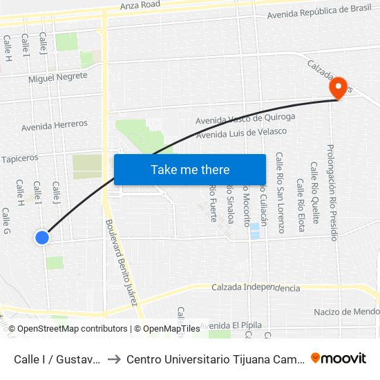 Calle I / Gustavo Otelo to Centro Universitario Tijuana Campus Mexicali map