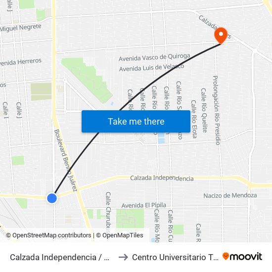 Calzada Independencia / Calzada Francisco Montejano to Centro Universitario Tijuana Campus Mexicali map