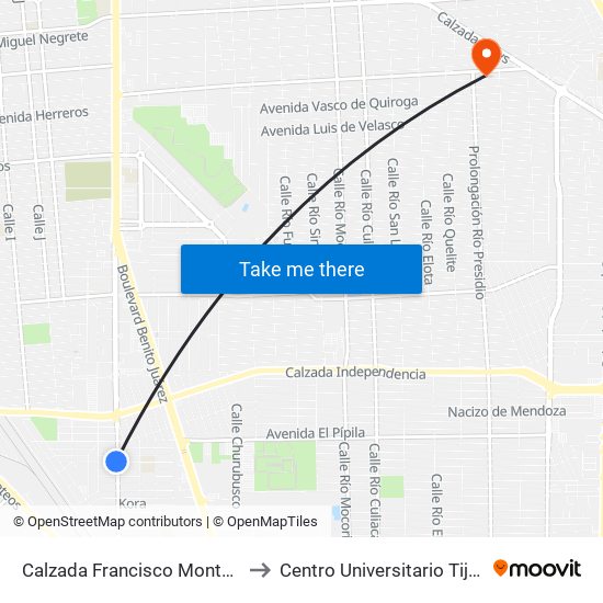 Calzada Francisco Montejano / Jesús Solórzano to Centro Universitario Tijuana Campus Mexicali map