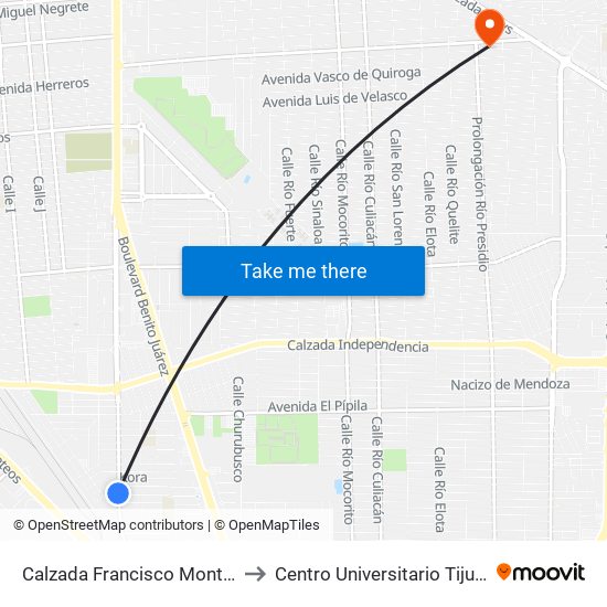 Calzada Francisco Montejano / Martha Weich to Centro Universitario Tijuana Campus Mexicali map