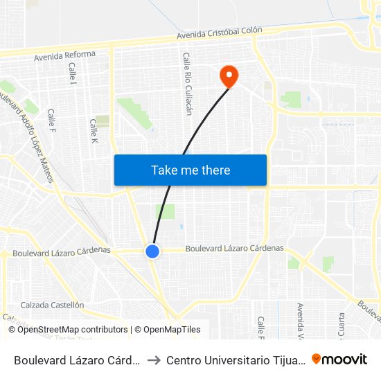 Boulevard Lázaro Cárdenas / Churubusco to Centro Universitario Tijuana Campus Mexicali map