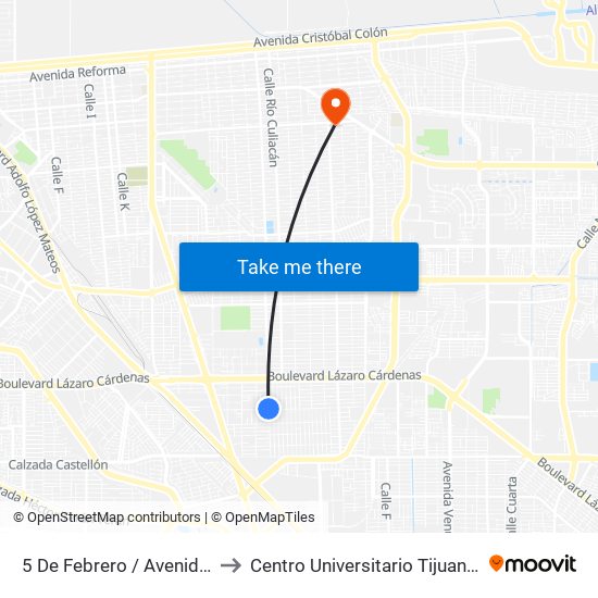 5 De Febrero / Avenida Ayuntamiento to Centro Universitario Tijuana Campus Mexicali map