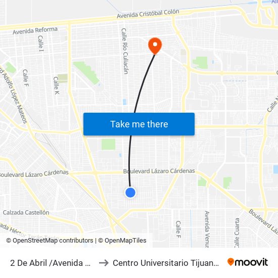 2 De Abril /Avenida Constituyentes to Centro Universitario Tijuana Campus Mexicali map