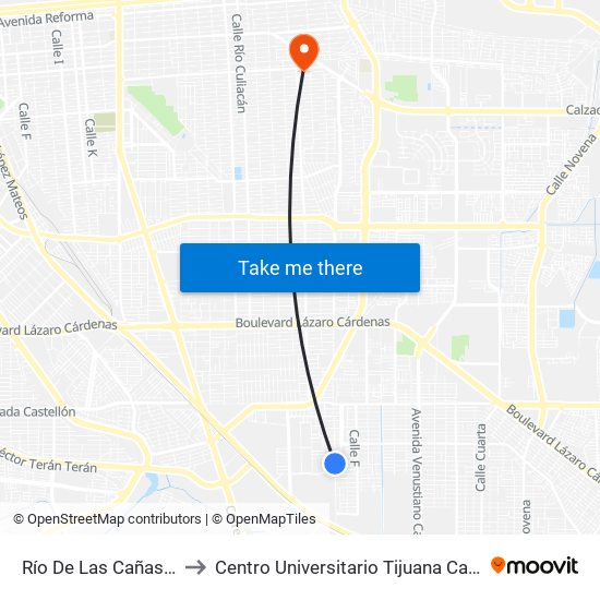 Río De Las Cañas / Calle A to Centro Universitario Tijuana Campus Mexicali map