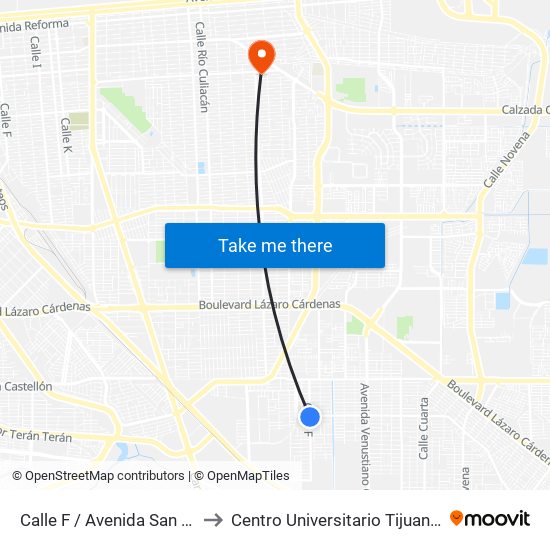 Calle F / Avenida San Pedro Mezquital to Centro Universitario Tijuana Campus Mexicali map