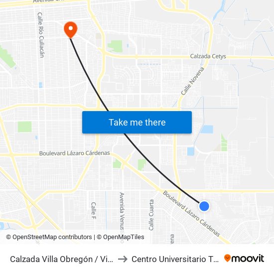 Calzada Villa Obregón / Villa De Moctezuma Poniente to Centro Universitario Tijuana Campus Mexicali map