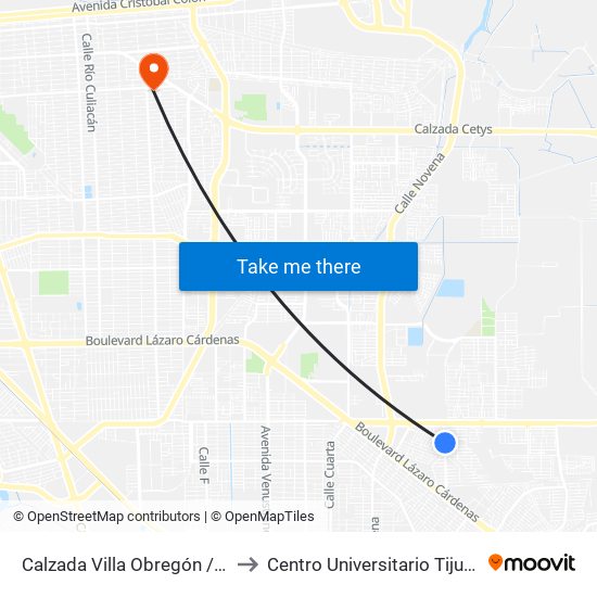 Calzada Villa Obregón / Avenida Río Gambia to Centro Universitario Tijuana Campus Mexicali map