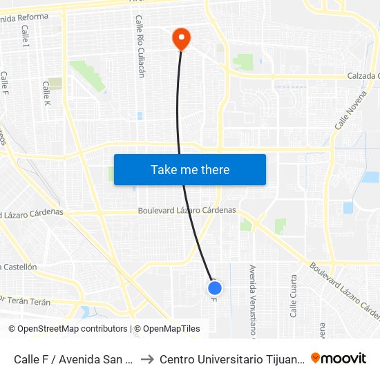 Calle F / Avenida San Pedro Mezquital to Centro Universitario Tijuana Campus Mexicali map