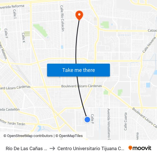 Río De Las Cañas / Calle 86 to Centro Universitario Tijuana Campus Mexicali map