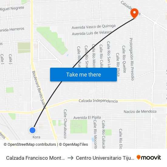 Calzada Francisco Montejano / Arturo Pompa to Centro Universitario Tijuana Campus Mexicali map