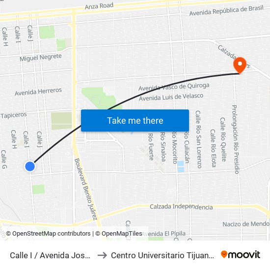 Calle I / Avenida José Sánchez Islas to Centro Universitario Tijuana Campus Mexicali map