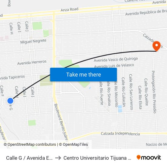 Calle G / Avenida Electricistas to Centro Universitario Tijuana Campus Mexicali map