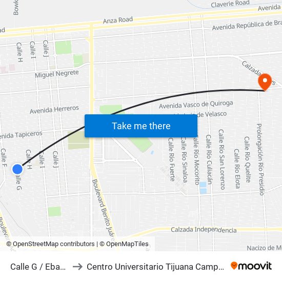 Calle G / Ebanistas to Centro Universitario Tijuana Campus Mexicali map