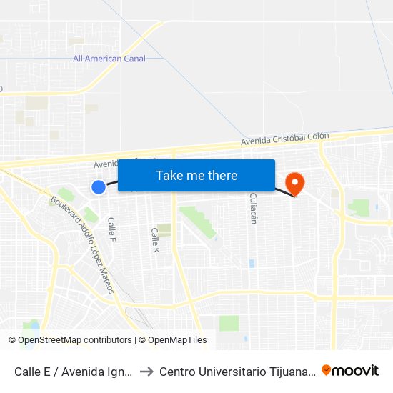 Calle E / Avenida Ignacio Zaragoza to Centro Universitario Tijuana Campus Mexicali map