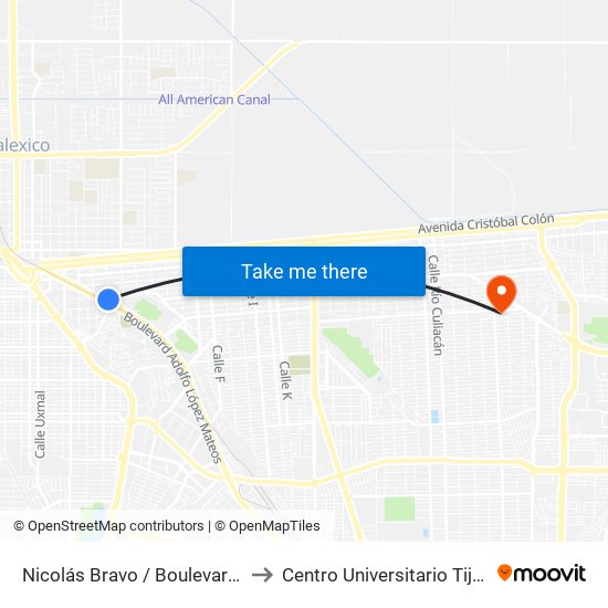 Nicolás Bravo / Boulevard Adolfo López Mateos to Centro Universitario Tijuana Campus Mexicali map