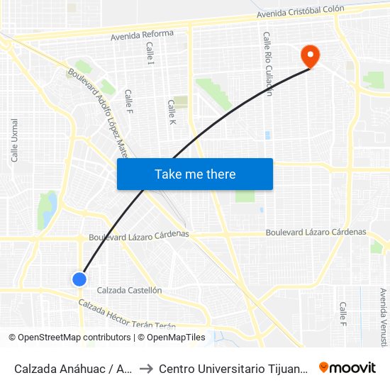 Calzada Anáhuac / Avenida Gerona to Centro Universitario Tijuana Campus Mexicali map