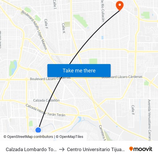 Calzada Lombardo Toledano / Caldera to Centro Universitario Tijuana Campus Mexicali map
