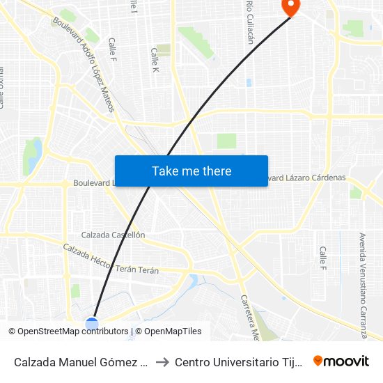 Calzada Manuel Gómez Morín / Laguna Viesca to Centro Universitario Tijuana Campus Mexicali map