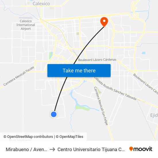 Mirabueno / Avenida Ferrol to Centro Universitario Tijuana Campus Mexicali map