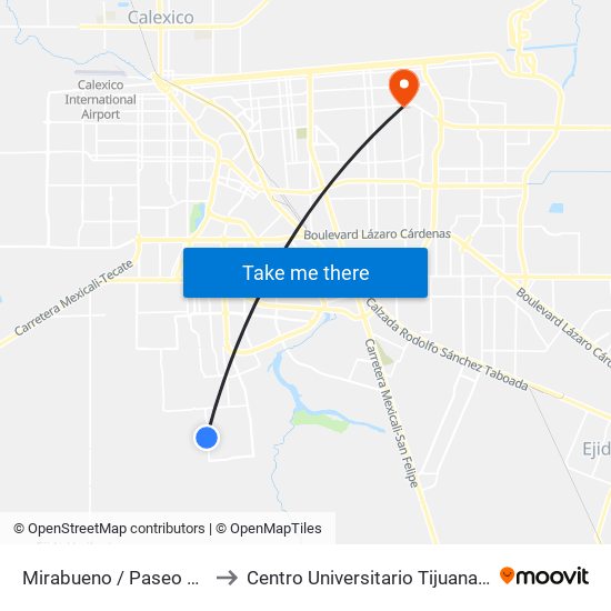 Mirabueno / Paseo Del Centenario to Centro Universitario Tijuana Campus Mexicali map