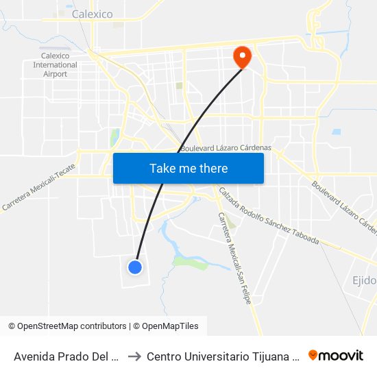 Avenida Prado Del Rey / Parzon to Centro Universitario Tijuana Campus Mexicali map