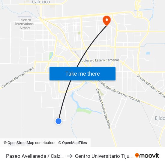 Paseo Avellaneda / Calzada De Los Monarcas to Centro Universitario Tijuana Campus Mexicali map
