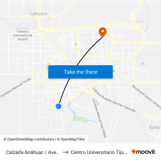 Calzada Anáhuac / Avenida Monte Castelo to Centro Universitario Tijuana Campus Mexicali map