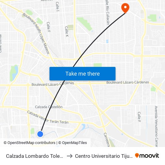 Calzada Lombardo Toledano / Juventud 2000 to Centro Universitario Tijuana Campus Mexicali map