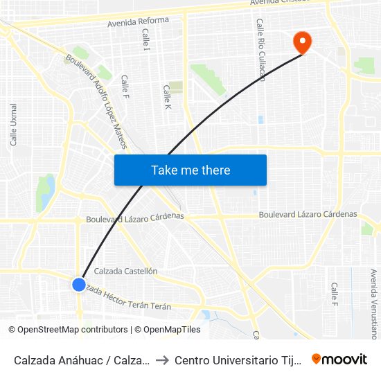 Calzada Anáhuac / Calzada Héctor Terán Terán to Centro Universitario Tijuana Campus Mexicali map