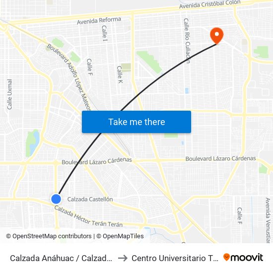 Calzada Anáhuac / Calzada Castellón O Islas Malvinas to Centro Universitario Tijuana Campus Mexicali map