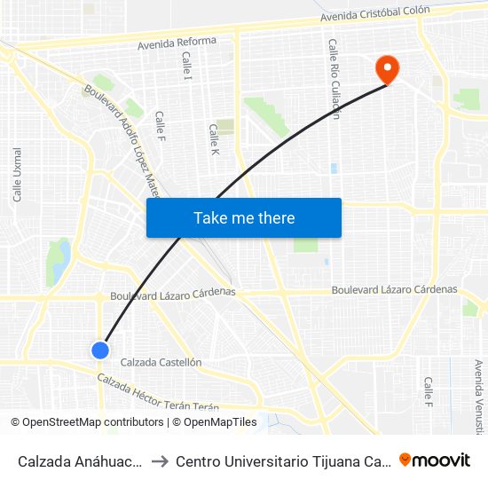 Calzada Anáhuac / Gerona to Centro Universitario Tijuana Campus Mexicali map