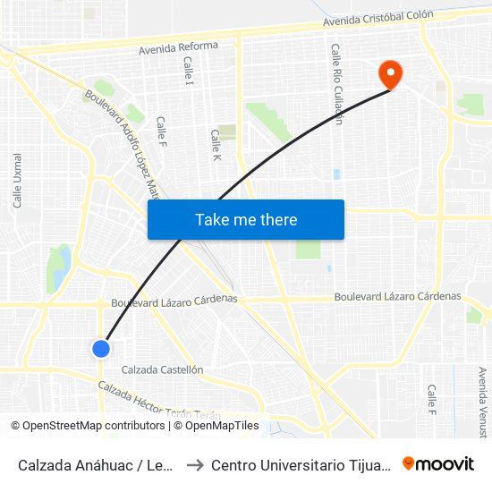 Calzada Anáhuac / Leobardo De La Cruz to Centro Universitario Tijuana Campus Mexicali map