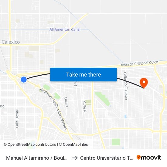 Manuel Altamirano / Boulevard Adolfo López Mateos to Centro Universitario Tijuana Campus Mexicali map