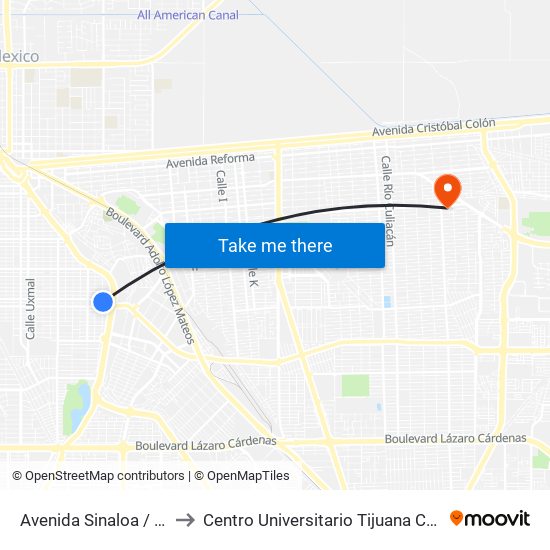 Avenida Sinaloa / Monterrey to Centro Universitario Tijuana Campus Mexicali map