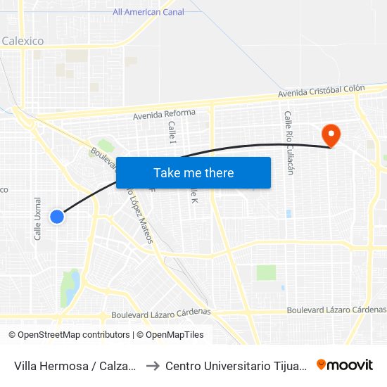 Villa Hermosa / Calzada Independencia to Centro Universitario Tijuana Campus Mexicali map