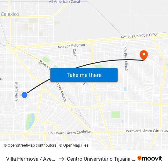 Villa Hermosa / Avenida Coahuila to Centro Universitario Tijuana Campus Mexicali map