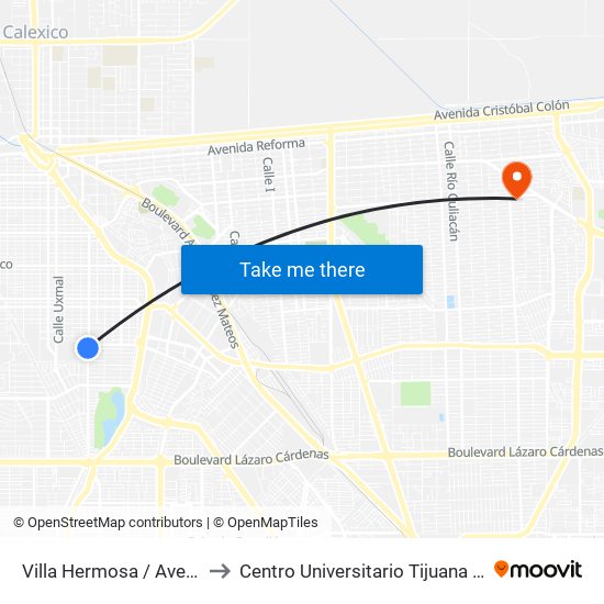 Villa Hermosa / Avenida Tlaxcala to Centro Universitario Tijuana Campus Mexicali map