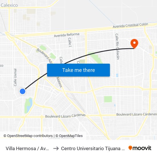 Villa Hermosa / Avenida Cosalá to Centro Universitario Tijuana Campus Mexicali map