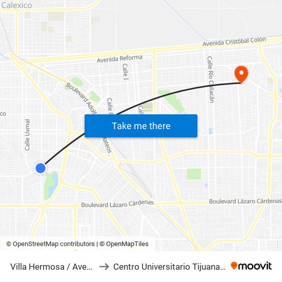 Villa Hermosa / Avenida Tecomán to Centro Universitario Tijuana Campus Mexicali map