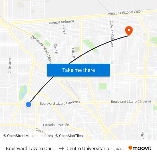 Boulevard Lázaro Cárdenas / Bal-Cach to Centro Universitario Tijuana Campus Mexicali map