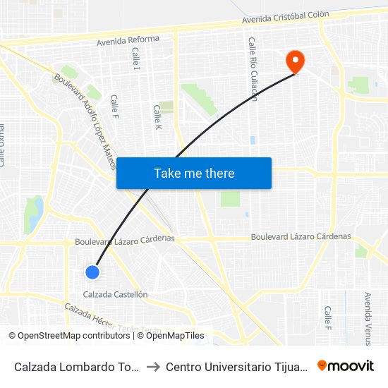 Calzada Lombardo Toledano / Mallorca to Centro Universitario Tijuana Campus Mexicali map