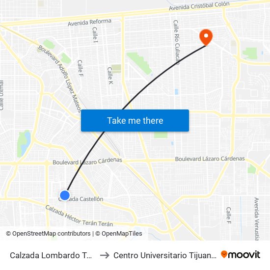 Calzada Lombardo Toledano / Toledo to Centro Universitario Tijuana Campus Mexicali map
