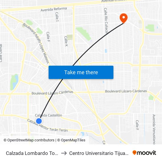 Calzada Lombardo Toledano / Aranjuez to Centro Universitario Tijuana Campus Mexicali map