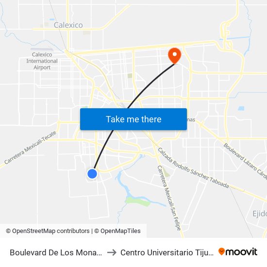 Boulevard De Los Monarcas / Avenida Ronda to Centro Universitario Tijuana Campus Mexicali map