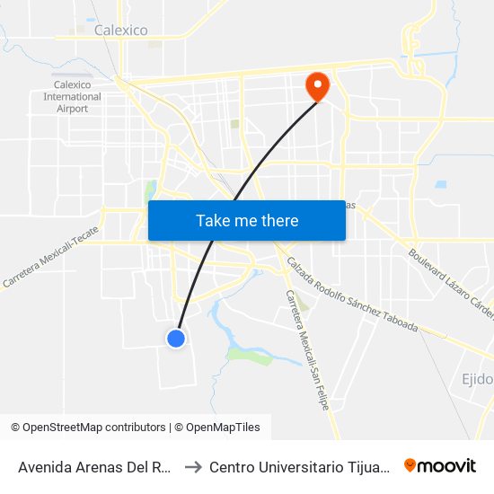 Avenida Arenas Del Rey / Lago Cuitzeo to Centro Universitario Tijuana Campus Mexicali map