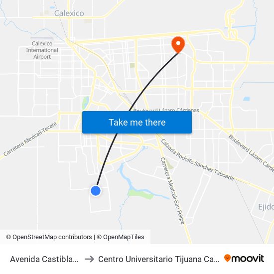 Avenida Castiblanco / Onil to Centro Universitario Tijuana Campus Mexicali map