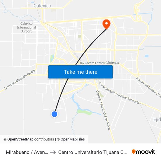 Mirabueno / Avenida Bolea to Centro Universitario Tijuana Campus Mexicali map