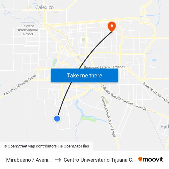 Mirabueno / Avenida Badules to Centro Universitario Tijuana Campus Mexicali map