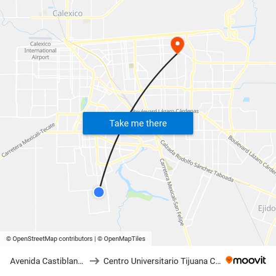 Avenida Castiblanco / Priego to Centro Universitario Tijuana Campus Mexicali map